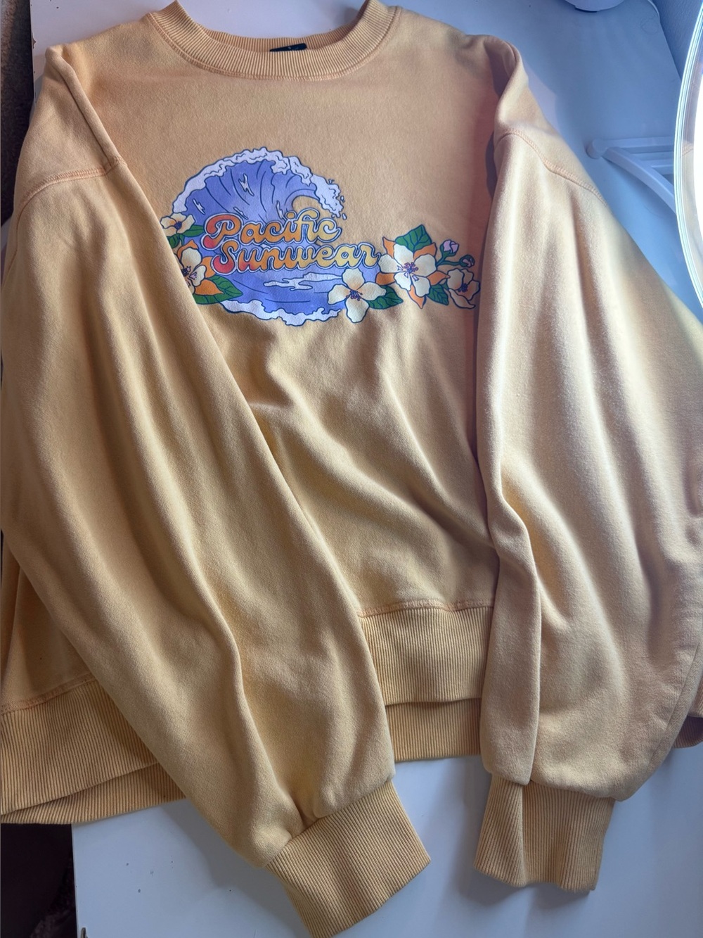 PacSun Yellow Graphic Crewneck with Wave & Floral Design
